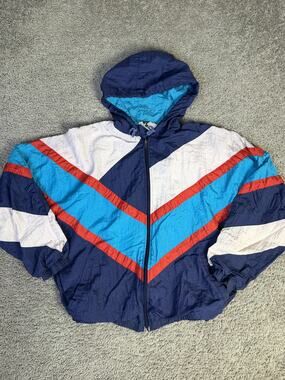 Vintage Sears Active Wear Jacket Mens M Blue Windbreaker Hooded Lined Full Zip